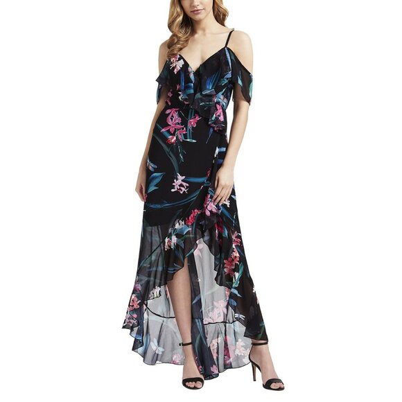 New Lipsy London Maxi Dress 6 (10 UK) Black Floral Chiffon Wrap High-Low Ruffle - Picture 1 of 16